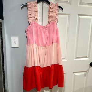 2x pink color block tier dress with ruffle sleeve